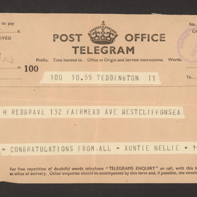 Telegram to Harry Redgrave from Auntie Nellie